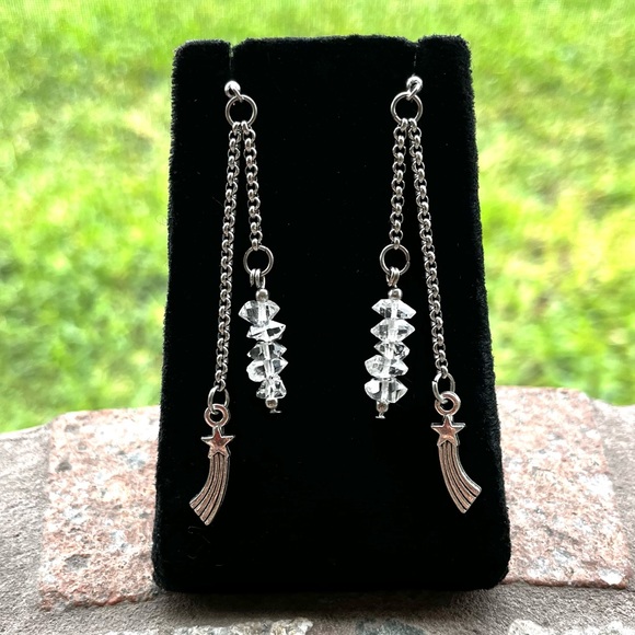 Herkimer diamonds crystal star charm earrings stainless steel post & chains boho - Picture 7 of 8